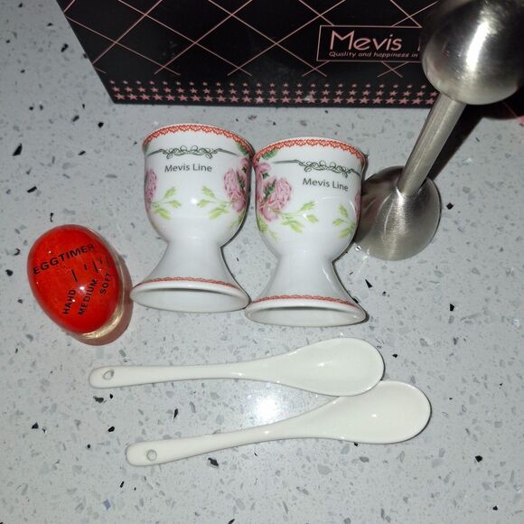 Mevis Line Boiled Eggs Cups Set Cups Timer Spoons Egg Topper Cracker - Picture 7 of 10